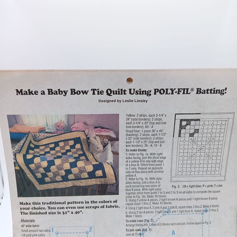 Vintage Poly-fil Craft Patterns, Baby Bow Tie Quilt Instruction Sheet, Fairfield